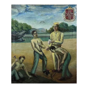 Antique 1940s Ww2 Outsider Art Portrait of Workers in the 21st Engineer Battalion, Signed (Oil on Canvas)