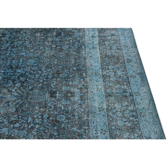 Vintage Persian Overdyed Handmade Floral Blue Wool Rug For Sale In New York - Image 6 of 11