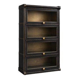 Vintage Globe-Wernicke Style Barrister Bookcase in Onyx Black & Aged Gilded Finish For Sale