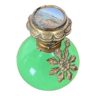 Mid 19th Century French Uranium Opaline Scent Bottle, Hand-Painted Pont Neuf & Louvre Miniature, Gilt Mounts, Napoleon Iii, 3in For Sale