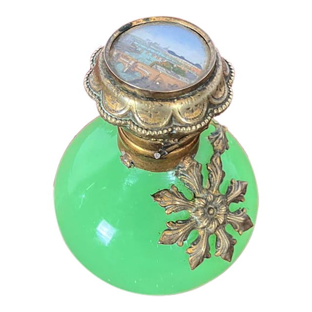 Mid 19th Century French Uranium Opaline Scent Bottle, Hand-Painted Pont Neuf & Louvre Miniature, Gilt Mounts, Napoleon Iii, 3in For Sale