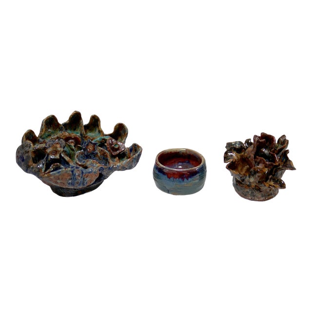 Modernist Ceramic Abstract Studio Pottery Set in Earth and Blue Hues - Set of 3 For Sale