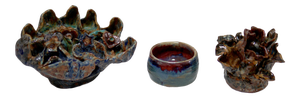 Modernist Ceramic Abstract Studio Pottery Set in Earth and Blue Hues - Set of 3
