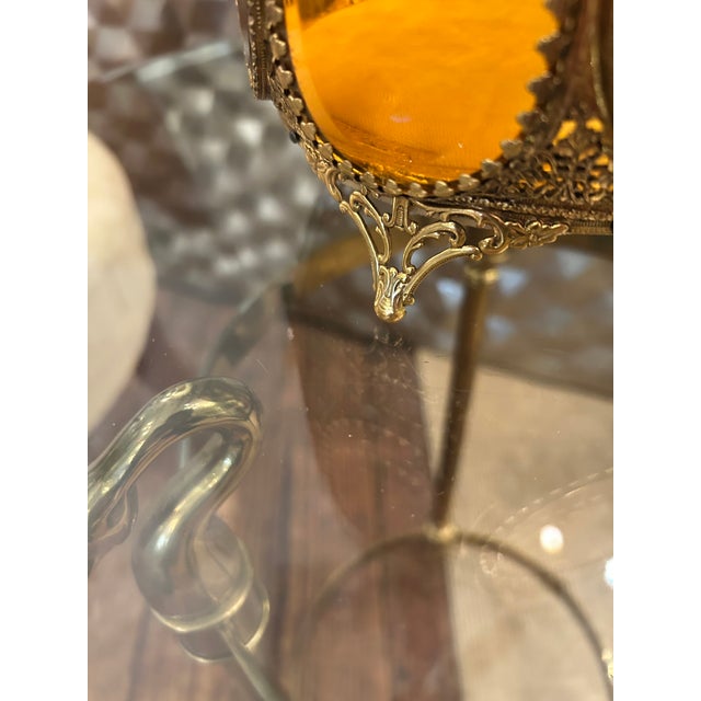 Metal French Ormolu & Amber Glass Round Jewelry Box For Sale - Image 7 of 12
