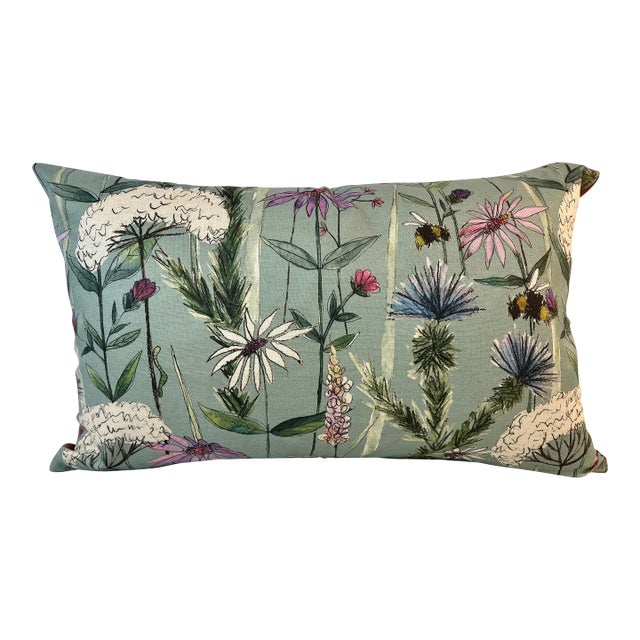 Large Bolster Pillow With a Playful Mid Century Modern Water-Color-Like Floral Design Buzzing With Bees on a Light Green Background - Made in U K For Sale