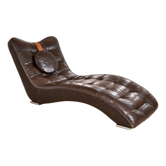 S-Shaped Chaise Longue in Chocolate Leather with Button Tufting, 1970s For Sale