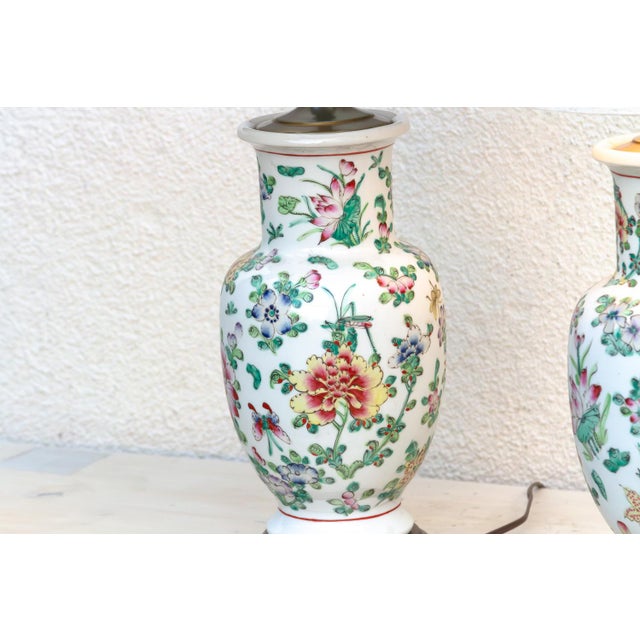 Antique Peony Chinese Porcelain Lamp - Pair For Sale In Los Angeles - Image 6 of 10