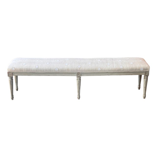 Mid 20th Century Louis XVI Painted Bench With Embroidered Linen Seat For Sale