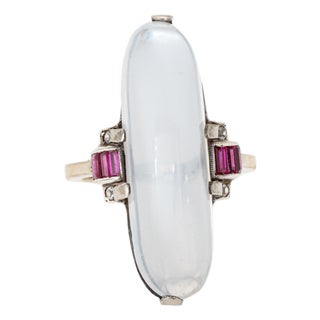 Retro Elongated Moonstone Ring Sz 5.5 Ruby Diamond White Gold Cocktail Jewelry For Sale