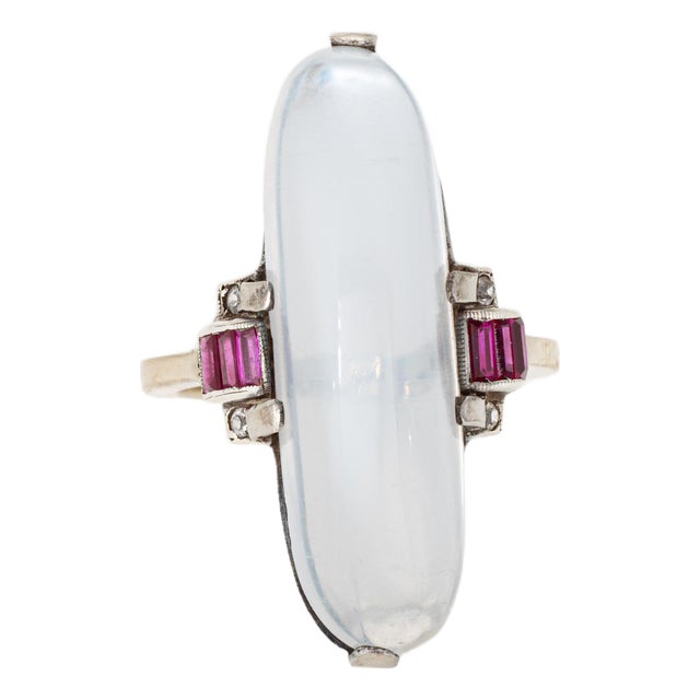 Retro Elongated Moonstone Ring Sz 5.5 Ruby Diamond White Gold Cocktail Jewelry For Sale