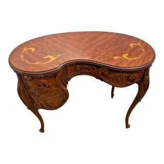 Vintage French Desk Kidney Shaped Vanity Three Carved Drawers Inlays Petite Size For Sale