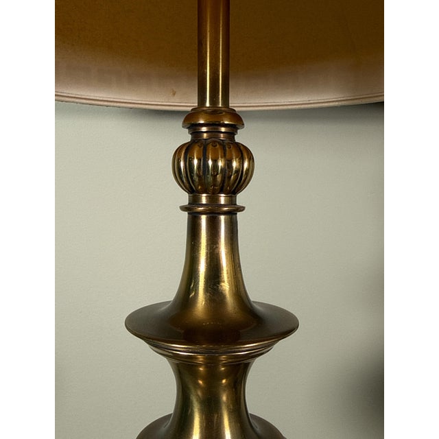 Metal Stiffel Style Hollywood Regency Brass Table Lamps With Greek Key Shades - A Pair For Sale - Image 7 of 8