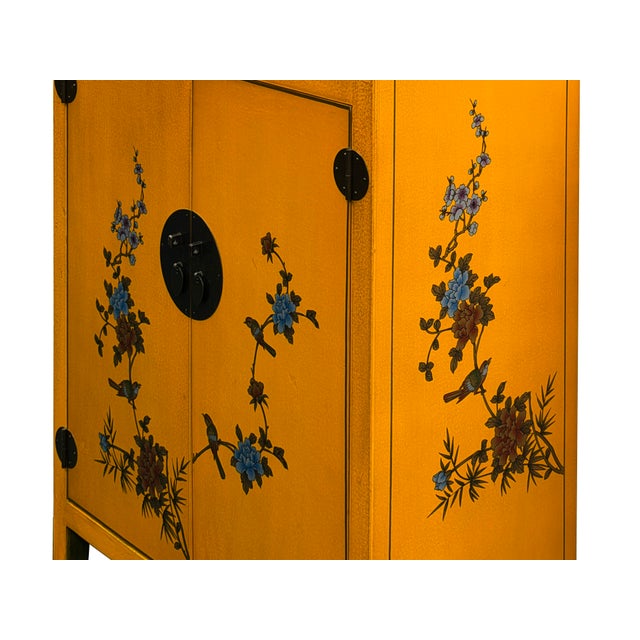 Oriental Bright Mustard Yellow Vinyl Flower Bird Graphic Cabinet For Sale - Image 12 of 16