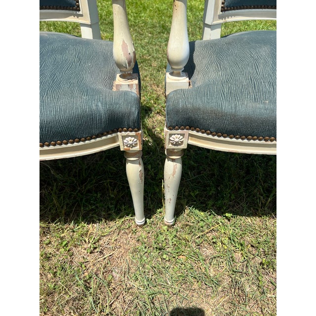 Blue French 19th Century Louis XVI Painted Walnut Arm Chairs - Set of 2 For Sale - Image 8 of 12