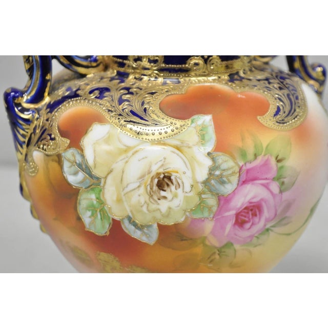 Antique Nippon Hand Painted Floral Design Cobalt Blue Porcelain Bolted Urn Vase For Sale - Image 13 of 18