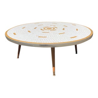 1950s Mid Century Modern Vintage Mosaic Tile Top Round Coffee Table in Style of Hohenberg Martz For Sale