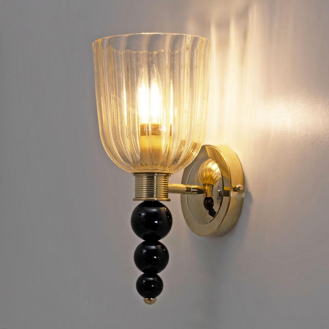 2000 - 2009 Italian Murano Glass Wall Sconces with Gold Dust Inclusions and Brass, 2000, Set of 2 For Sale - Image 5 of 10
