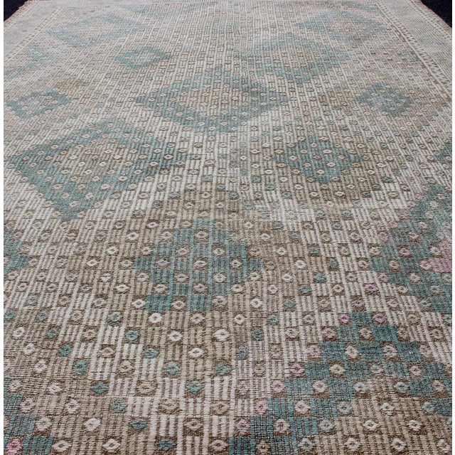 Textile Vintage Turkish Kilim Rug in Soft Teal, Beige, and Taupe With Diamond Pattern For Sale - Image 7 of 13