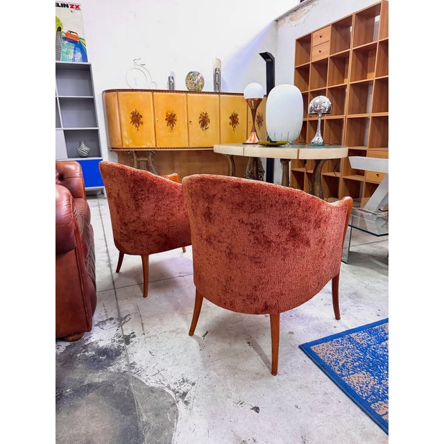 Pair of armchairs by giorgetti, italian production from the early 1950s. solid wood frame with exposed front uprights,...