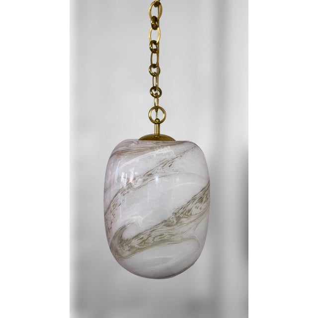 Alabaster Italian Handblown Faux Alabaster Glass Pendant Light With Brass Chain & Fittings – 9" X 11" Glass Shade For Sale - Image 8 of 16