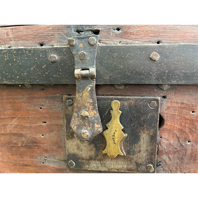 Mid 19th Century Antique Wood and Iron-Bound Travel Trunk - Rustic Storage For Sale - Image 5 of 11