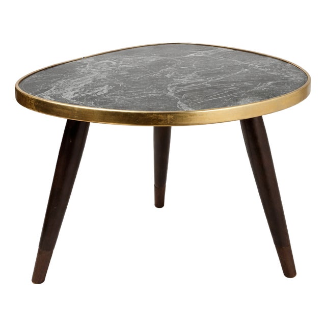 Mid-Century Modern Marble Top Flower Stand with Brass Rim and Tapered Wooden Legs, 1960s For Sale