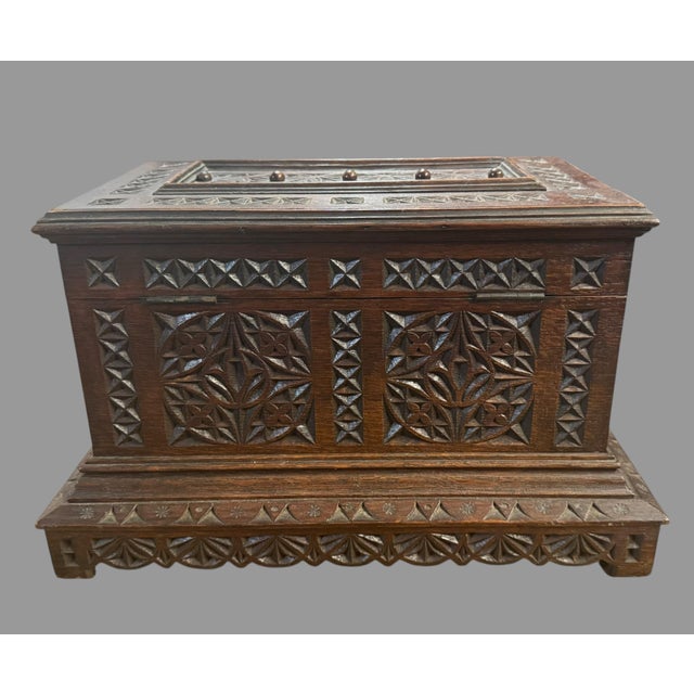Folk Art Antique Folk Art Chip Carved Wood Box Tramp Art Jewelry Casket Box 15.5” Wide For Sale - Image 3 of 12