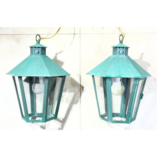 Hand-Crafted Vintage Solid Brass Hexagonal Hanging Lanterns, Usa For Sale - Image 9 of 16