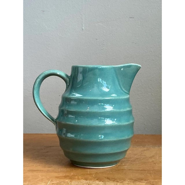 Vintage Aqua Ribbed Ceramic Pitcher For Sale - Image 9 of 12