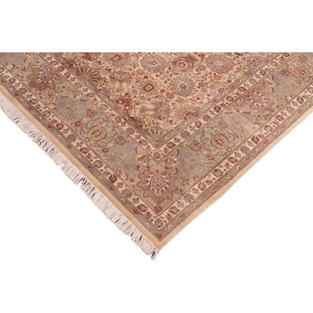 Art Nouveau Boho Chic 1990's Floral Tabriz Pak-Persian Beige/Green Wool Rug - 8'1'' X 10'2'' For Sale - Image 3 of 9