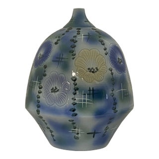 Artistic Flower Blue Green Porcelain Fat Round Body Small Mouth Vase For Sale