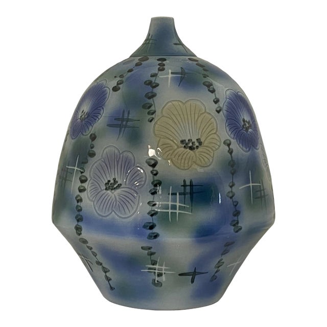 Artistic Flower Blue Green Porcelain Fat Round Body Small Mouth Vase For Sale