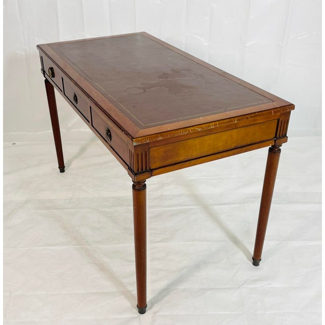 Wood Vintage Solid Mahogany Writing Desk With Leather Top and Brass Hardware For Sale - Image 7 of 18