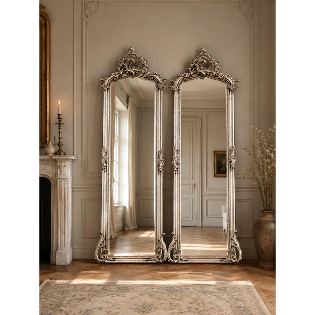 Late 20c Rococo Silver Wood Floor Mirrors by Artisans - Pair- 2 Pc For Sale - Image 18 of 18