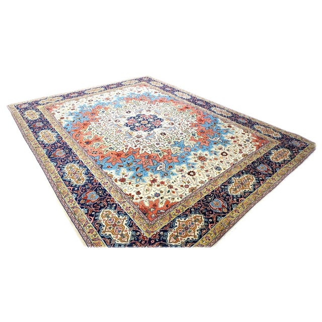 Persian Antique Persian Tabriz Wool 10x13 Ivory, Blue & Salmon Handmade Area Rug #9902352 For Sale - Image 3 of 6