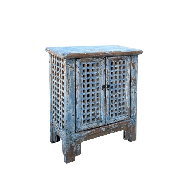 Distressed Ink Light Blue Grid Pattern Doors End Table Nightstand Cabinet For Sale - Image 4 of 5