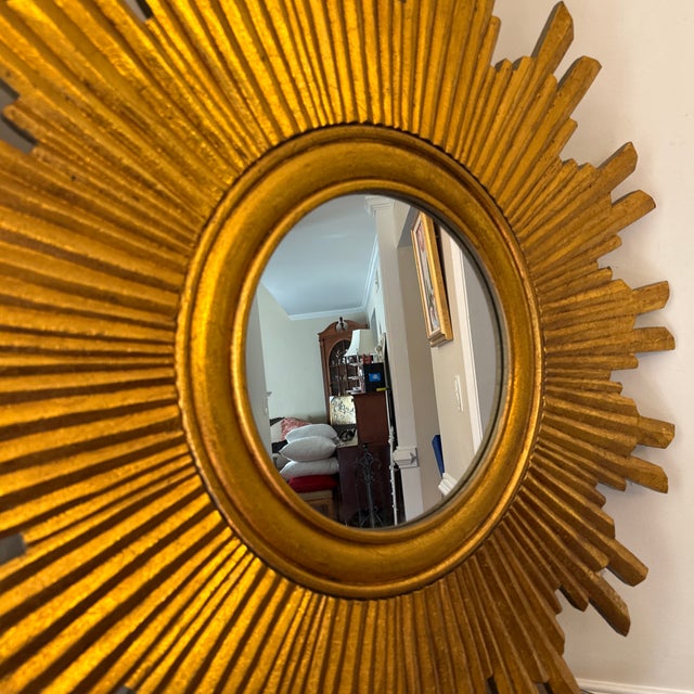 Mid-Century Modern Vintage Gilded Gold Sunburst Wall Mirror For Sale - Image 3 of 9