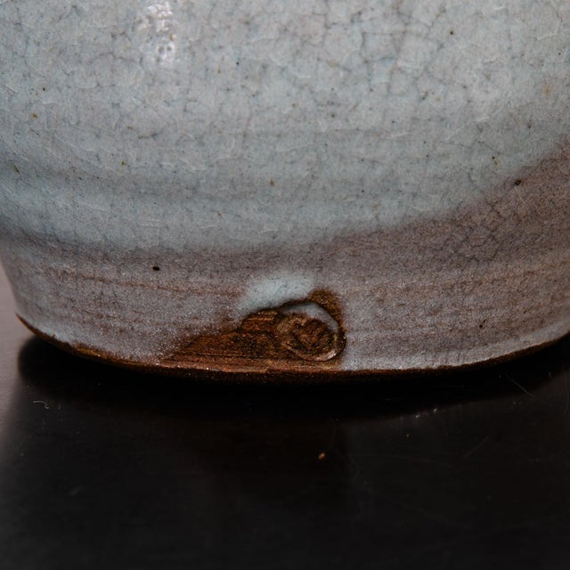 1960s Mid Century Modern Round Vase Pot Teal Glaze Studio Ceramic Blue Weed Vintage For Sale - Image 5 of 12