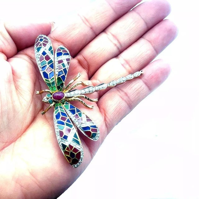 Diamond Plique-à-jour 18k Brooch Dragonfly Gemstone Enamel Yellow Gold For Sale - Image 4 of 7