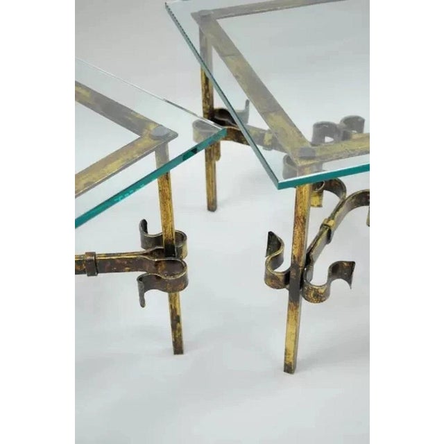 Mid 20th Century Vintage Spanish Hollywood Regency Gold Gilt Iron Square Glass End Tables - Pair For Sale - Image 5 of 9
