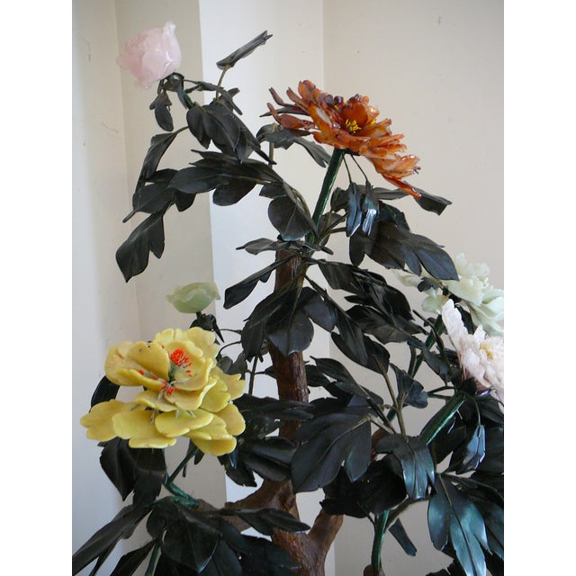Chinese Life-Size Jade Carnelian Quartz Tree in Cloisonne Pot - 12 Flowers For Sale - Image 3 of 9