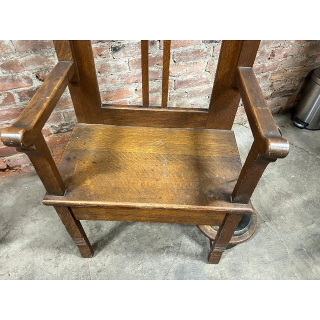 Brown Victorian Oak Mirrored Hall Tree With Coat Hooks and Side Umbrella Holder With Drip Basin For Sale - Image 8 of 11