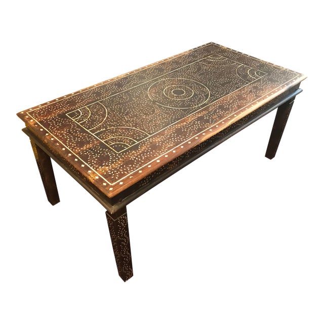 Antique Large Rectangular Carved Wood Bone Inlay Hand - Made Dining or Conference Table For Sale