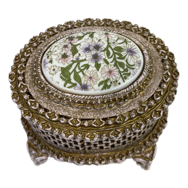 Vintage Italian Firenze Porcelain and Metal Trinket Box For Sale