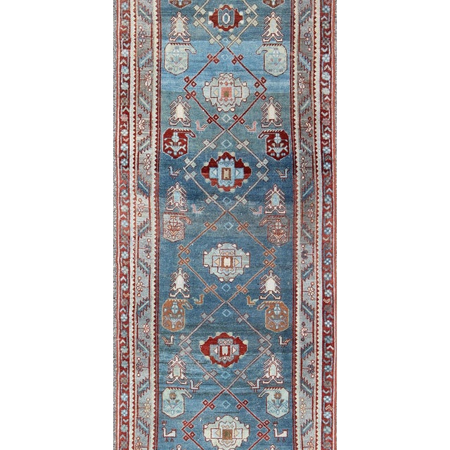 Tribal Antique Persian Malayer Runner With Geometric Design in Blue Background 3'1 X 12'5 For Sale - Image 3 of 12