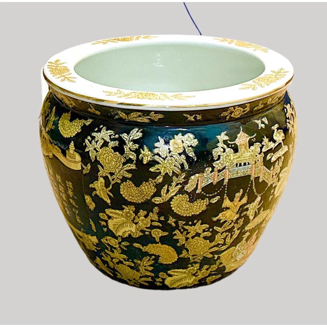 Chinoiserie Black and Gold Chinese Fishbowl Planter For Sale - Image 3 of 11