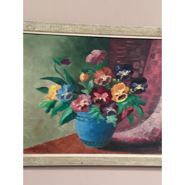 G. Stränz, Pansies in Blue Vase, 1960s, Oil Painting on Canvas, Framed For Sale - Image 8 of 17