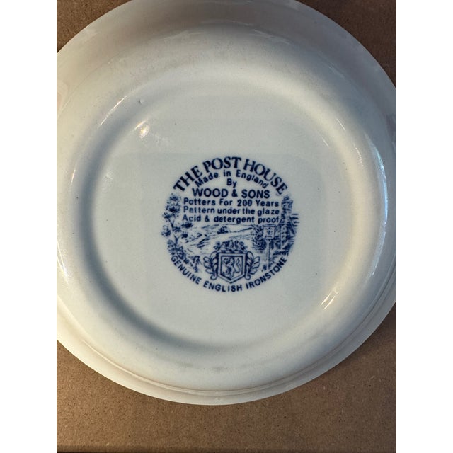 English Vintage Wood & Sons “The Post House” Serving Bowl | English Ironstone Blue & White Transferware For Sale - Image 3 of 5