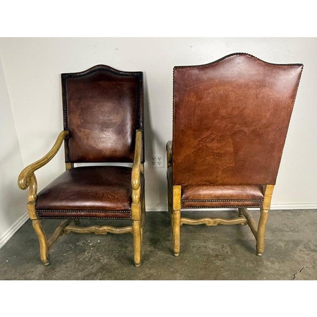 Pair of Mid-20th Century Italian Carved Armchairs With Leather Upholstery For Sale - Image 4 of 9