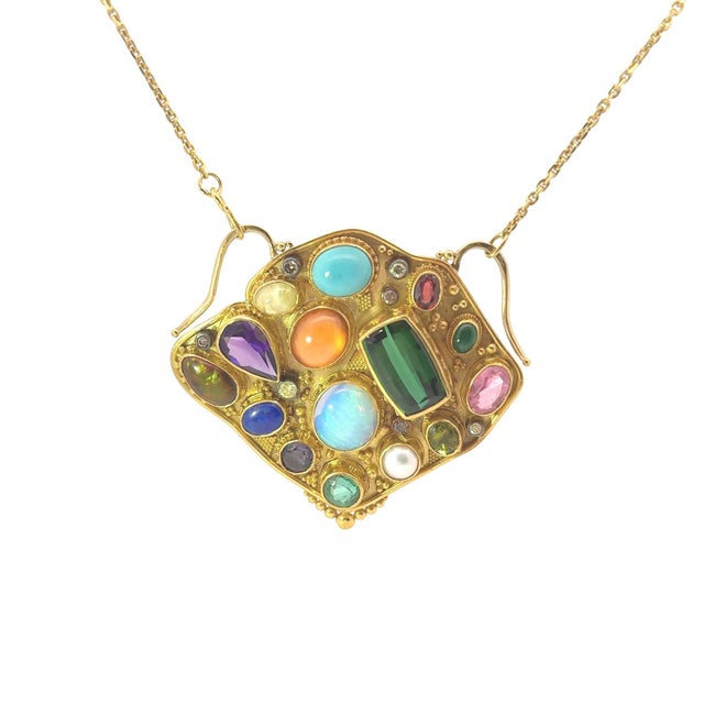Luna Felix MultiColored Gemstone 22k Yellow Gold Pendant Necklace For Sale - Image 4 of 5